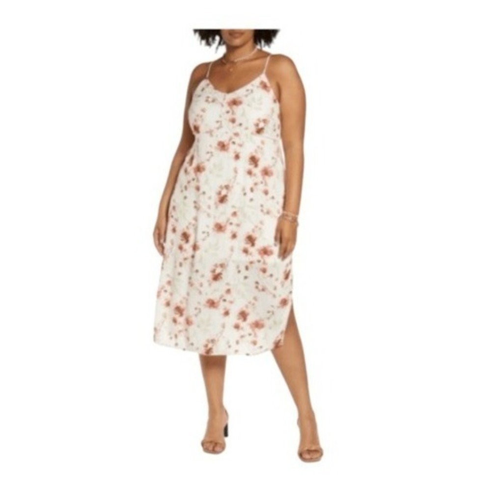 BP Romantic Floral Print Midi Dress Ivory Coral Slip Spaghetti Straps Lined Plus